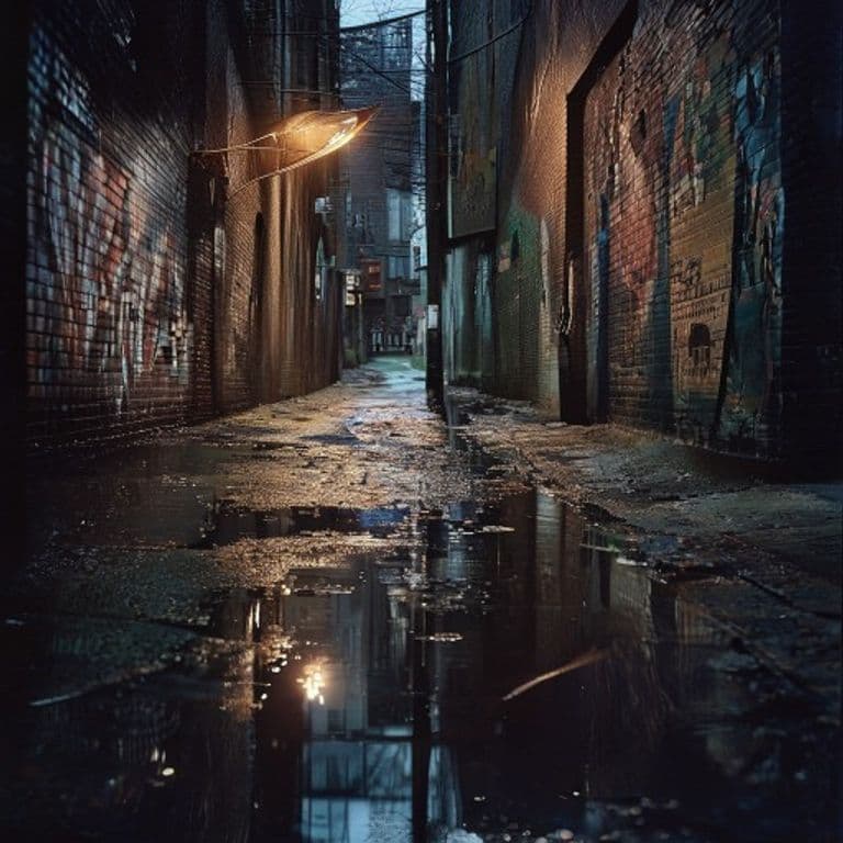 A rain-slicked urban alleyway at dusk, captured with analog film, showcasing gritty textures and dramatic shadows.