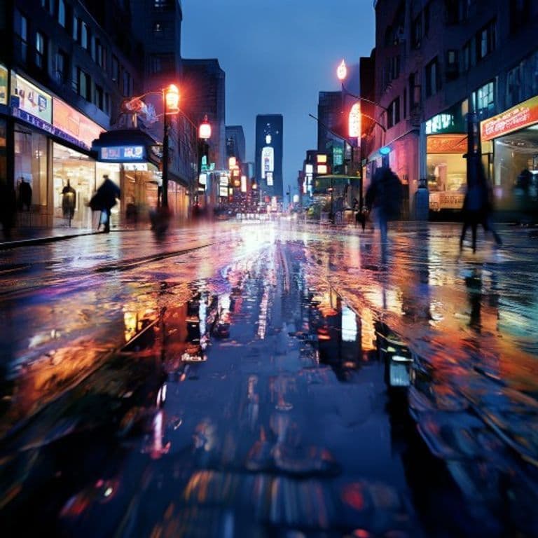 Rain-slicked city street reflecting vibrant neon lights and blurred car trails at dusk, captured on analog film.