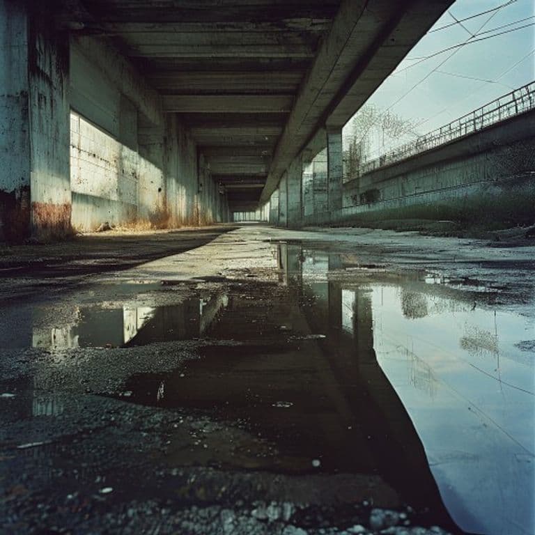 Analog photograph of a liminal urban underpass showing weathered concrete and diffused light.