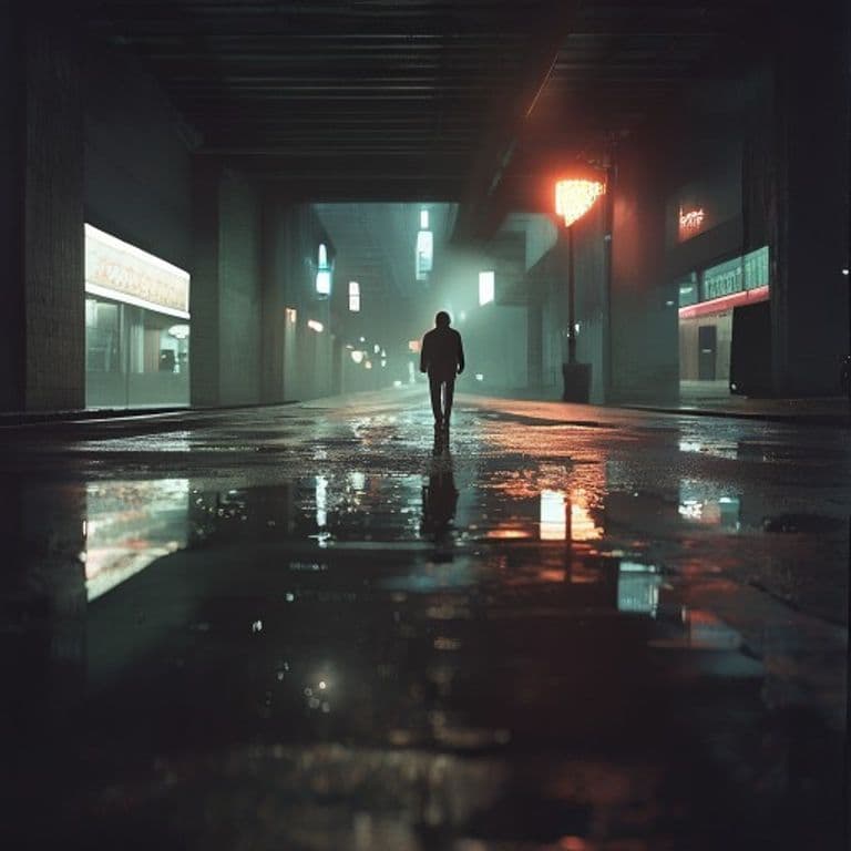 Solitary figure walking through a rain-slicked underpass captured on Kodak Portra 400 film