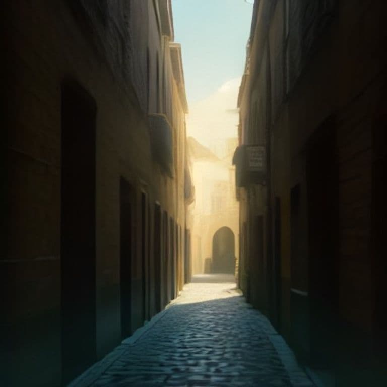 Narrow cobblestone alley bathed in golden light, evoking urban history with analog film grain.